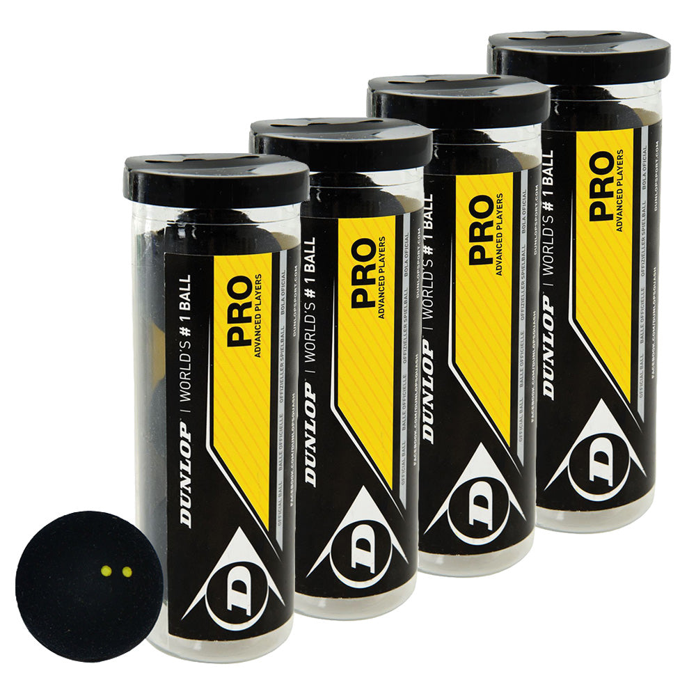 Dunlop Pro Squash Balls - 1 Dozen (4 x 3 Ball Tube) | double yellow dot - Dunlop