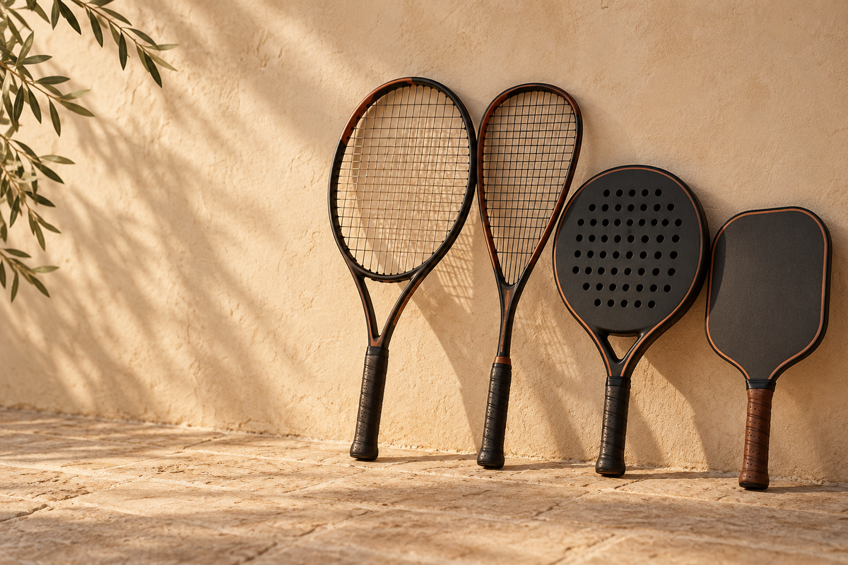 Tennis and squash rackets, a perforated padel racket and a solid pickleball paddle against a warm cream wall.